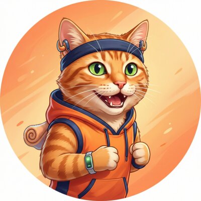 CardioCat avatar — orange tabby in workout hoodie with headband and fitness tracker