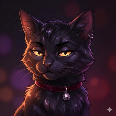 FeralFeline avatar — dark cat with amber eyes, ear piercing, and bell collar