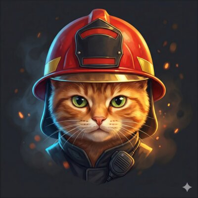 FireFang avatar — orange tabby cat in firefighter helmet and gear
