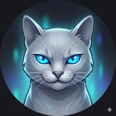 KernelKitty avatar — sleek grey cat with glowing blue circuit patterns