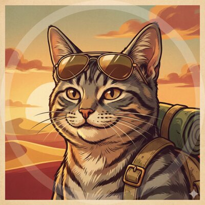 TravelTabby avatar — tabby cat with aviator sunglasses and backpack at sunset